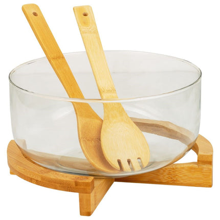 Glazen Saladeschaal met Bamboe Bestek & Standaard