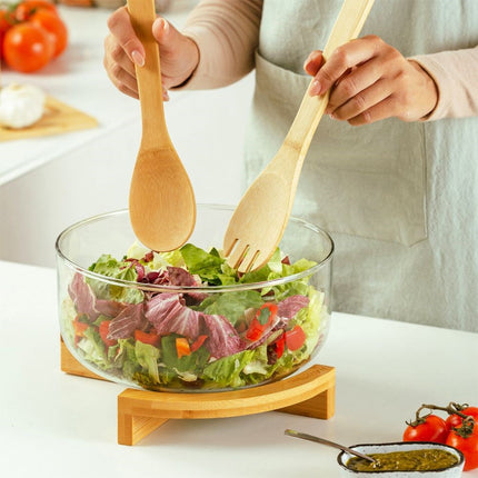 Glazen Saladeschaal met Bamboe Bestek & Standaard