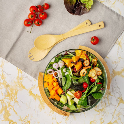Glazen Saladeschaal met Bamboe Bestek & Standaard