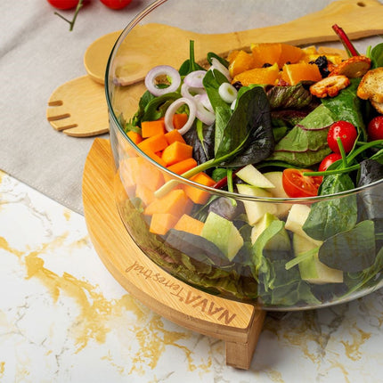 Glazen Saladeschaal met Bamboe Bestek & Standaard