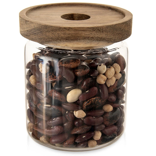 Glazen Voorraadpot 730 ml – Borosilicaat met Acacia Houten Deksel & Siliconen Ring