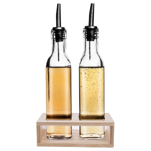 Olie & Azijn Set – 2 Glazen Flessen met Dispenser (2×300 ml) in Houten Standaard