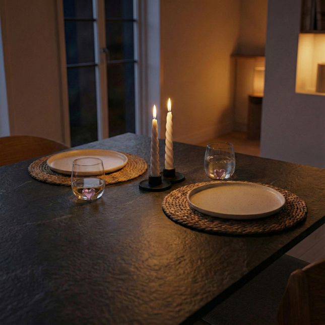 Tafelset voor 2 met kaarsen, placematten en dinerborden
