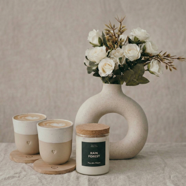 Scandinavische woonaccessoires set met mokken, geurkaars en donut vaas